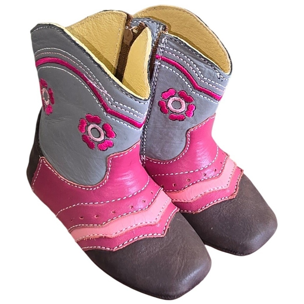 $88 Shea Baby Cowboy Boots Pink Gray Brown Leather Floral Size Toddler 3 CHARLIE